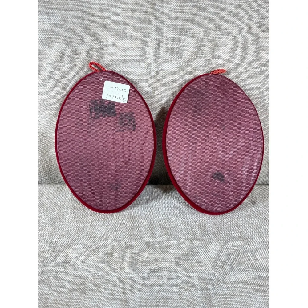 Vintage Pewter Floral Wall Plaques Red Velvet Oval Set of 2 Victorian Decor